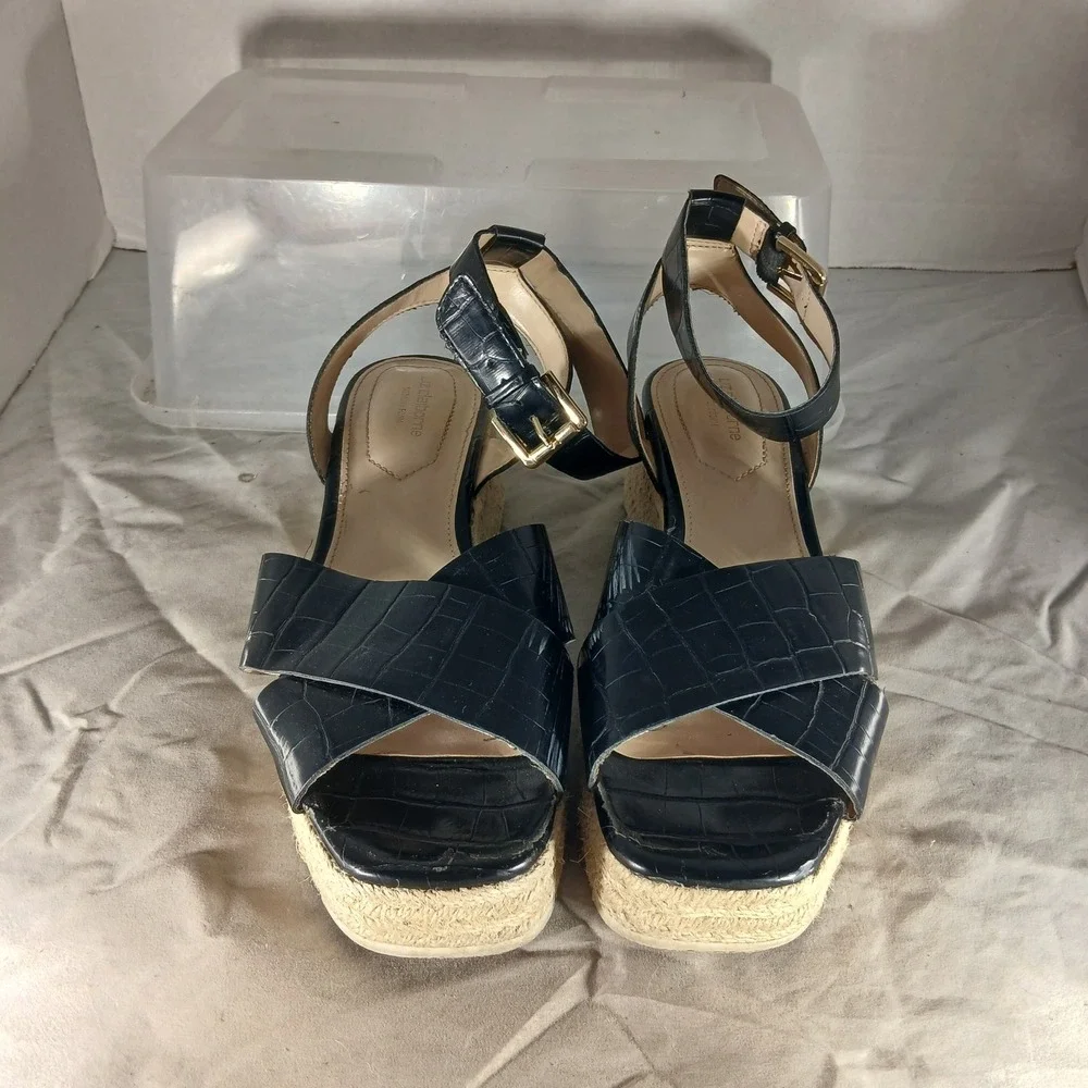 Liz Claiborne‎ Eastside Platform Wedge Sandals 7.5 Black Croc Espadrille Boho